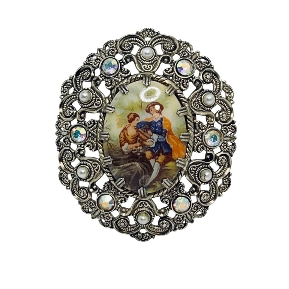 German Silver Tone Porcelain Brooch With Clear Rhinestones & Faux Pearls (5768)